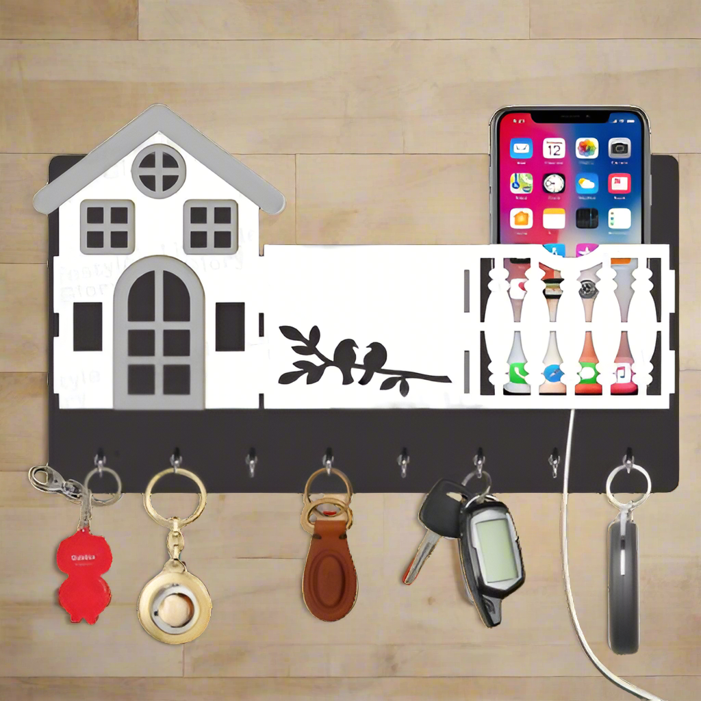 Mobile & key 3D Home Design With Sparrow Engraving Wooden Key Holder